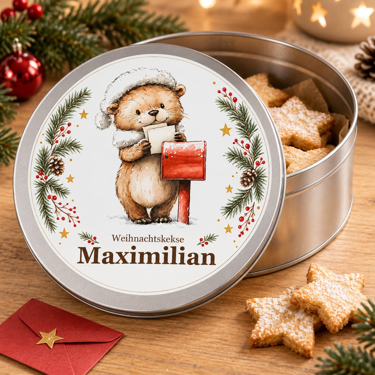 Keksdose Weihnachten, Otter mit Weihnachtspost, mit Wunschname geöffnet mit Keksen und separatem bedrucktem Deckel