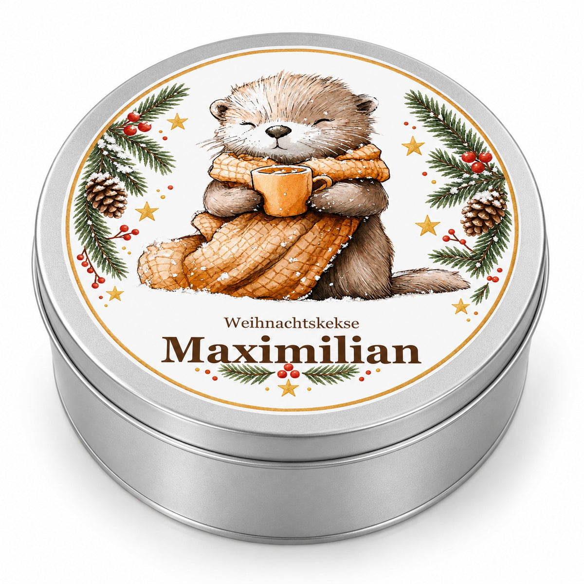 Keksdose Weihnachten, Otter mit Kuschelschal, mit Wunschname auf Weiß
