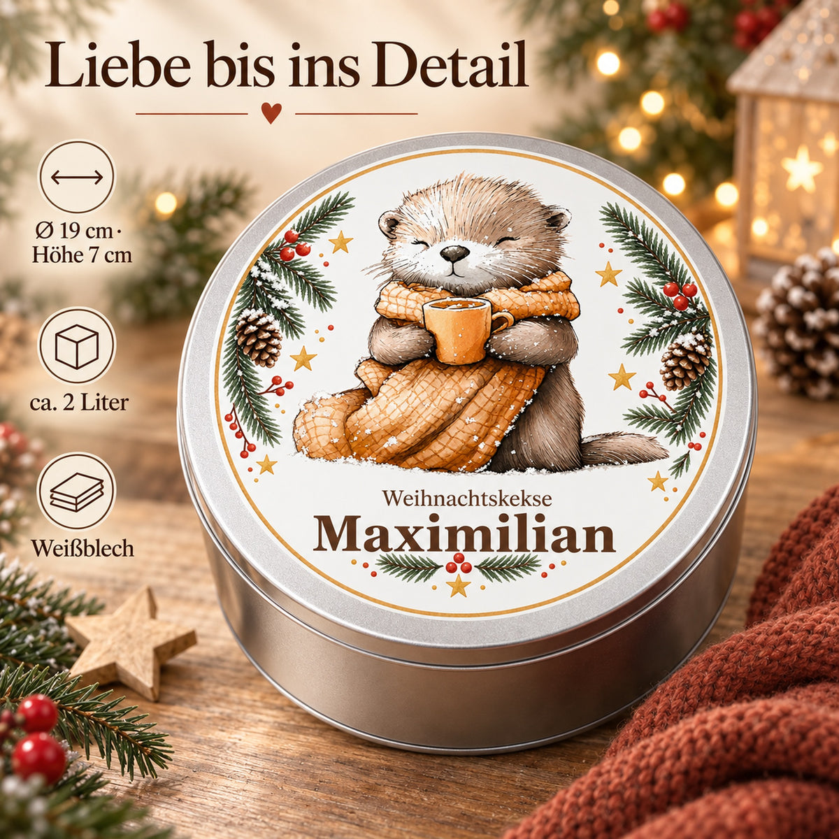 Keksdose Weihnachten, Otter mit Kuschelschal, mit Wunschname und Maß- und Materialangaben