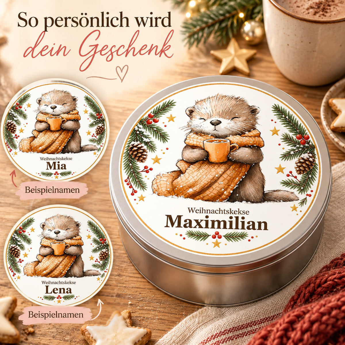 Keksdose Weihnachten, Otter mit Kuschelschal, mit Wunschname und Namensbeispielen