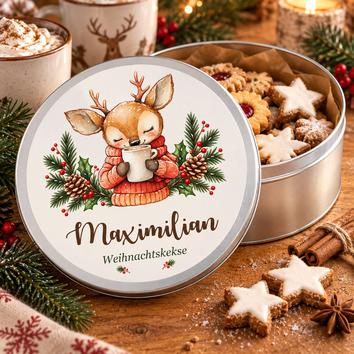 Personalisierte Weihnachts-Keksdose, Motiv Reh mit Kakao – Geöffnete Keksdose mit aufgestelltem bedrucktem Deckel