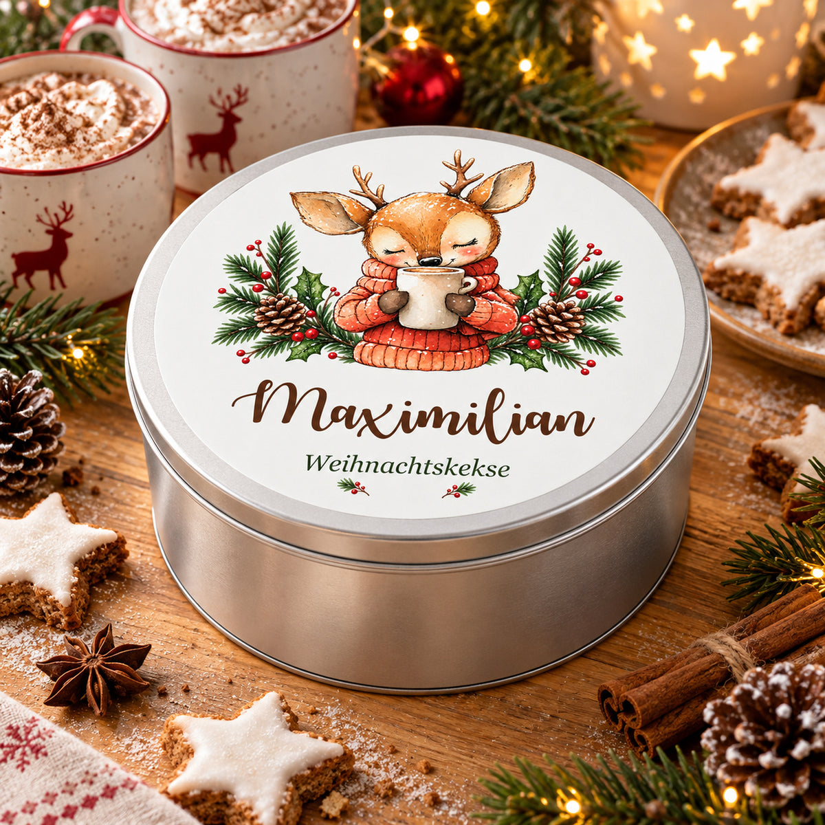 Personalisierte Weihnachts-Keksdose, Motiv Reh mit Kakao – Weihnachtliche Geschenkszene