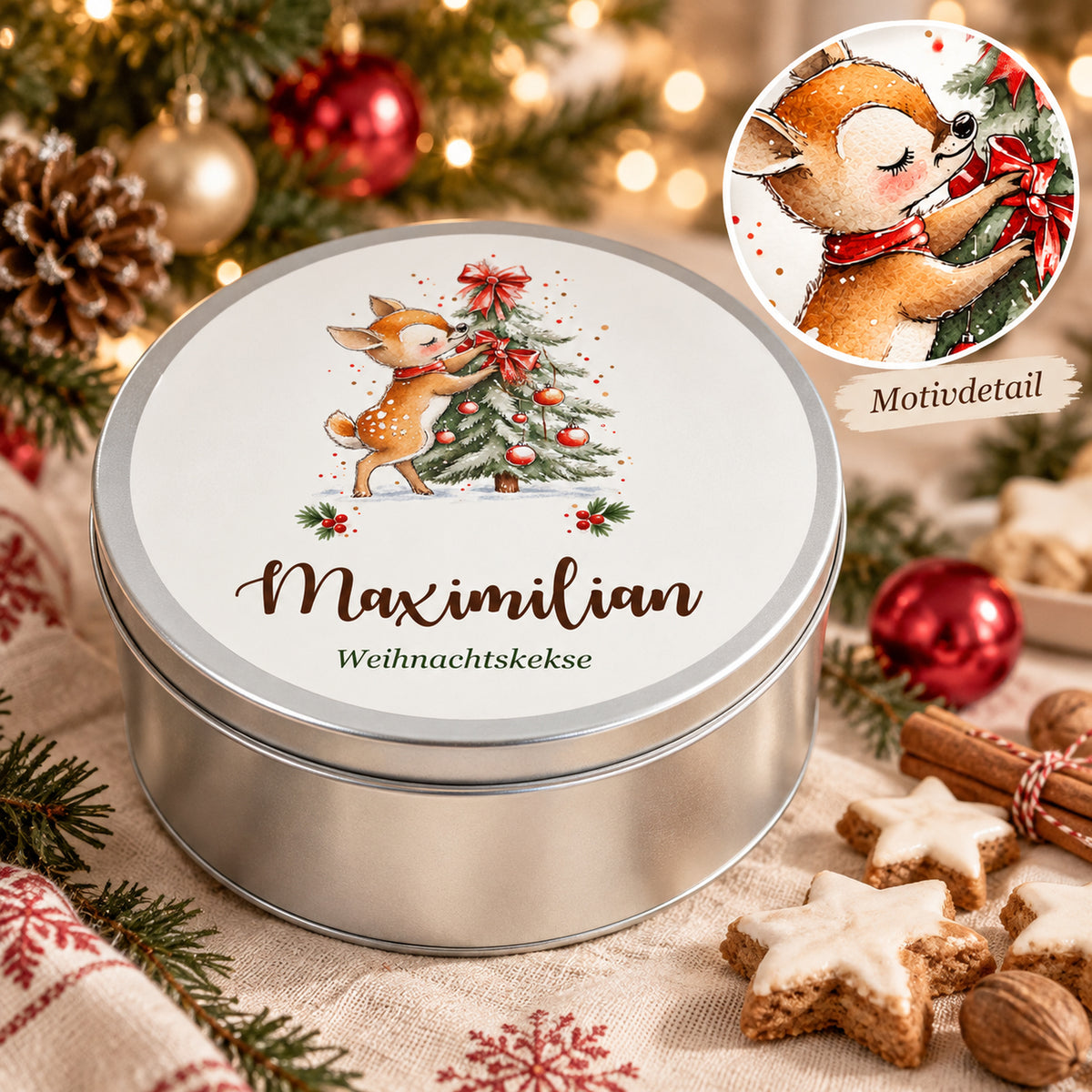 Personalisierte Weihnachts-Keksdose, Motiv Reh am Weihnachtsbaum – Motivdetail