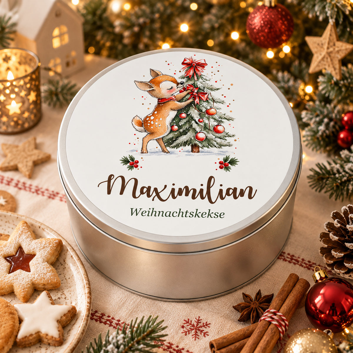Personalisierte Weihnachts-Keksdose, Motiv Reh am Weihnachtsbaum – Weihnachtliche Geschenkszene