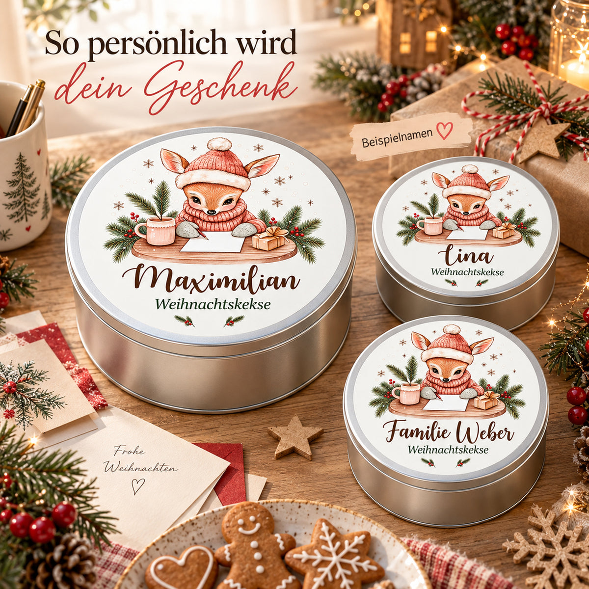 Personalisierte Weihnachts-Keksdose, Motiv Reh mit Weihnachtspost – Personalisierung mit drei Beispielnamen