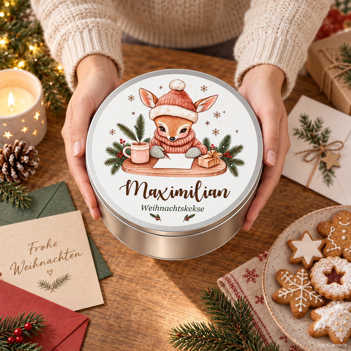 Personalisierte Weihnachts-Keksdose, Motiv Reh mit Weihnachtspost – Keksdose in erwachsenen Händen