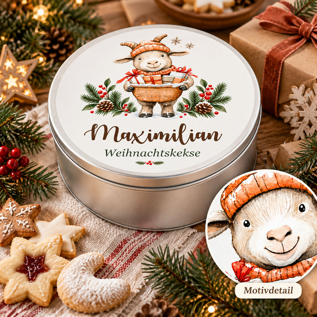 Personalisierte Weihnachts-Keksdose, Motiv Ziege mit Geschenkkorb – Motivdetail