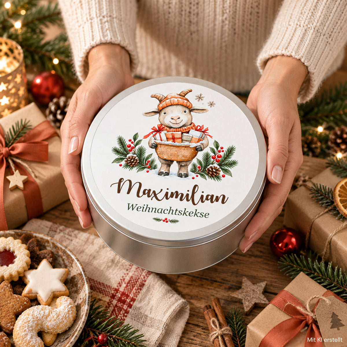 Personalisierte Weihnachts-Keksdose, Motiv Ziege mit Geschenkkorb – Keksdose in erwachsenen Händen