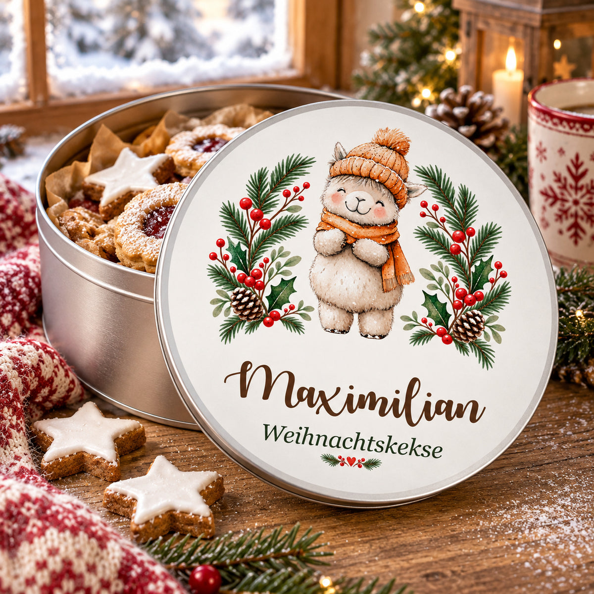Personalisierte Weihnachts-Keksdose, Motiv Lamm mit Wintermütze – Geöffnete Keksdose mit aufgestelltem bedrucktem Deckel