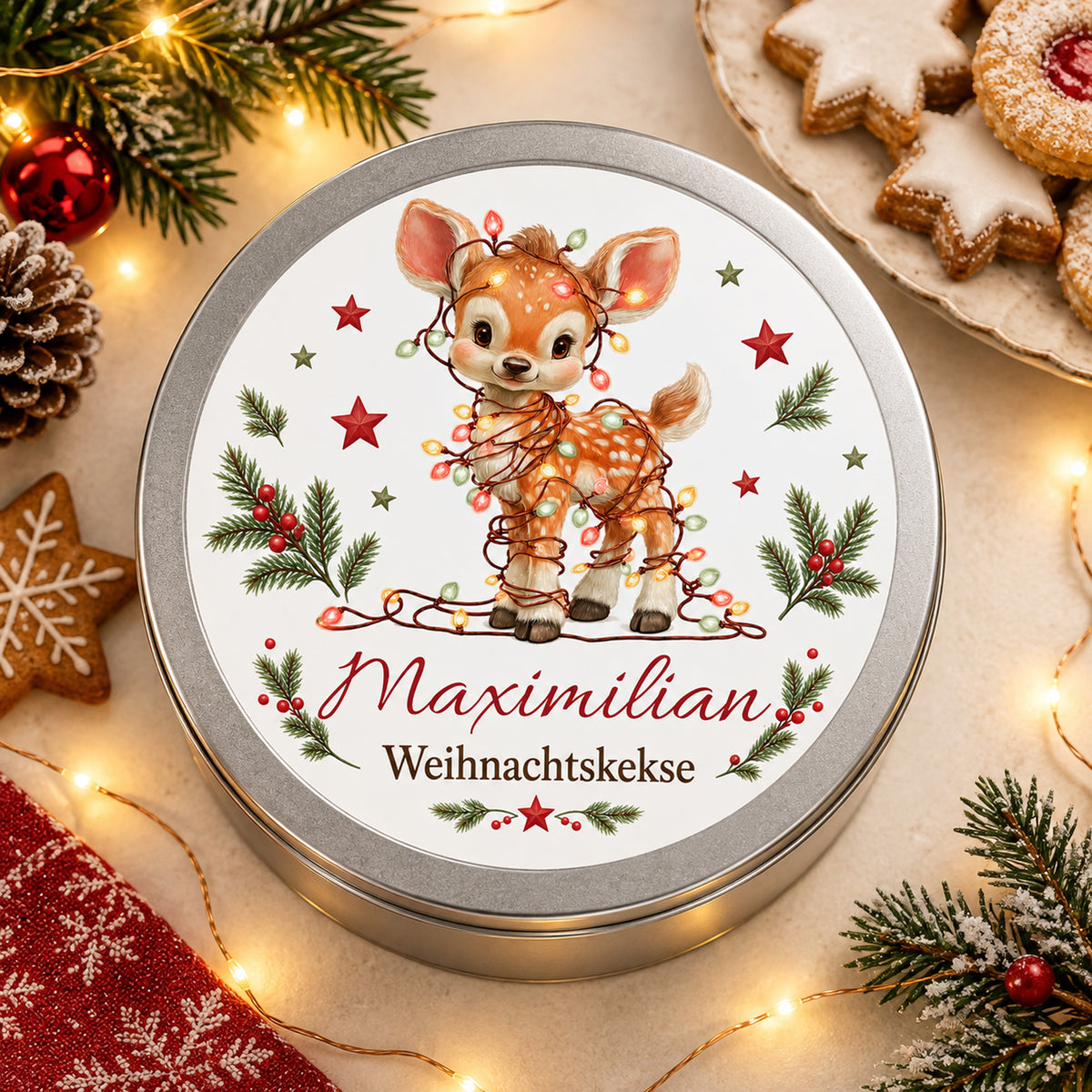 Draufsicht auf die Keksdose mit Rehkitz mit Lichterkette auf einem weihnachtlich gedeckten Tisch.