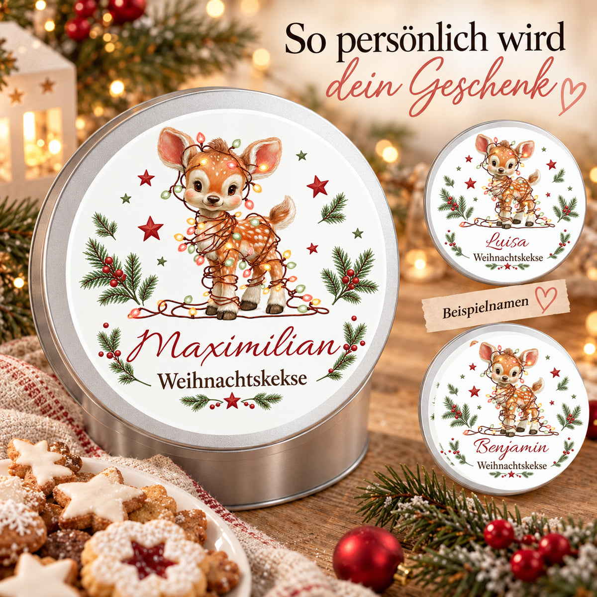 Drei Ansichten der Keksdose mit Rehkitz mit Lichterkette zeigen verschiedene Namenspersonalisierungen.