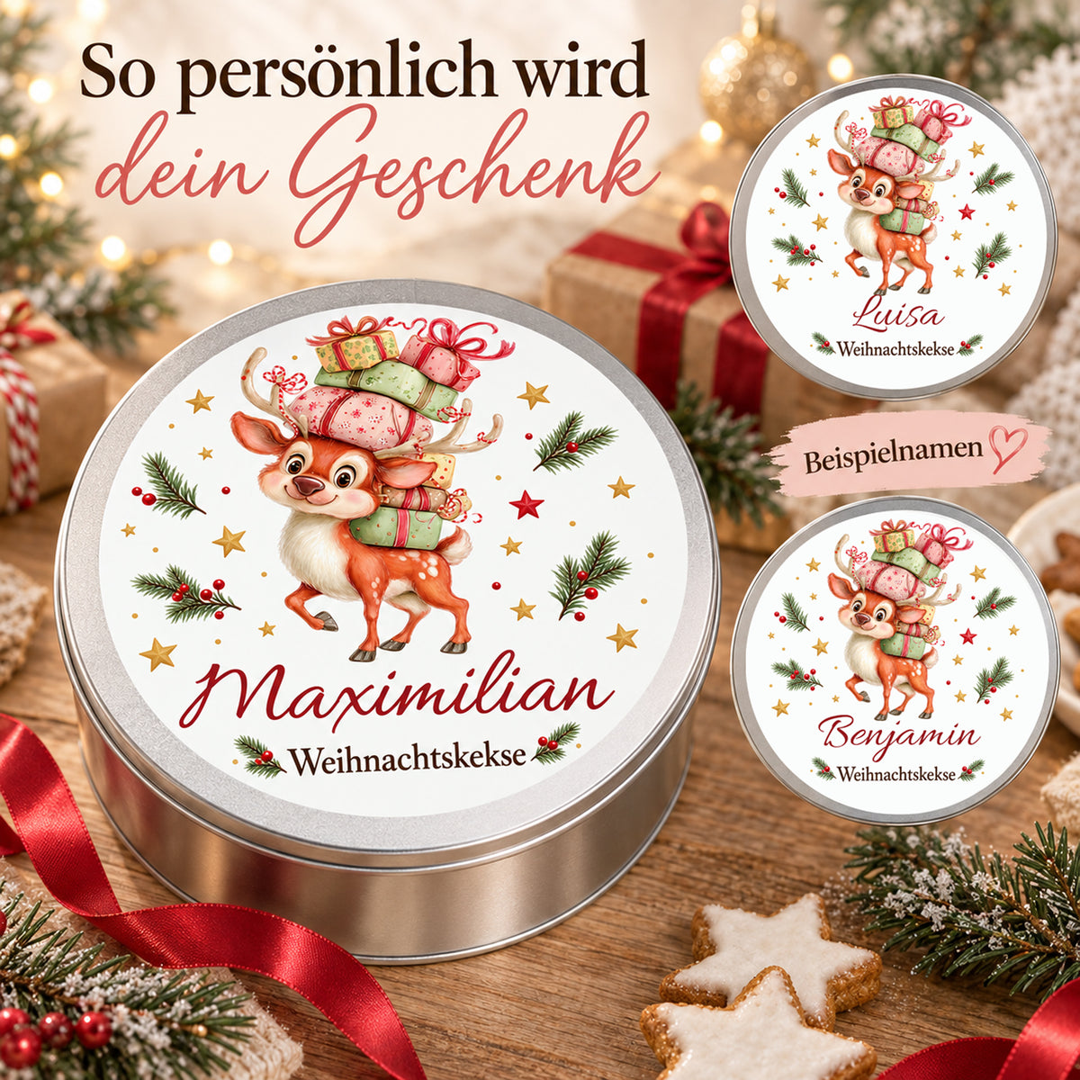 Drei Ansichten der Keksdose mit Rentier mit Geschenkestapel zeigen verschiedene Namenspersonalisierungen.