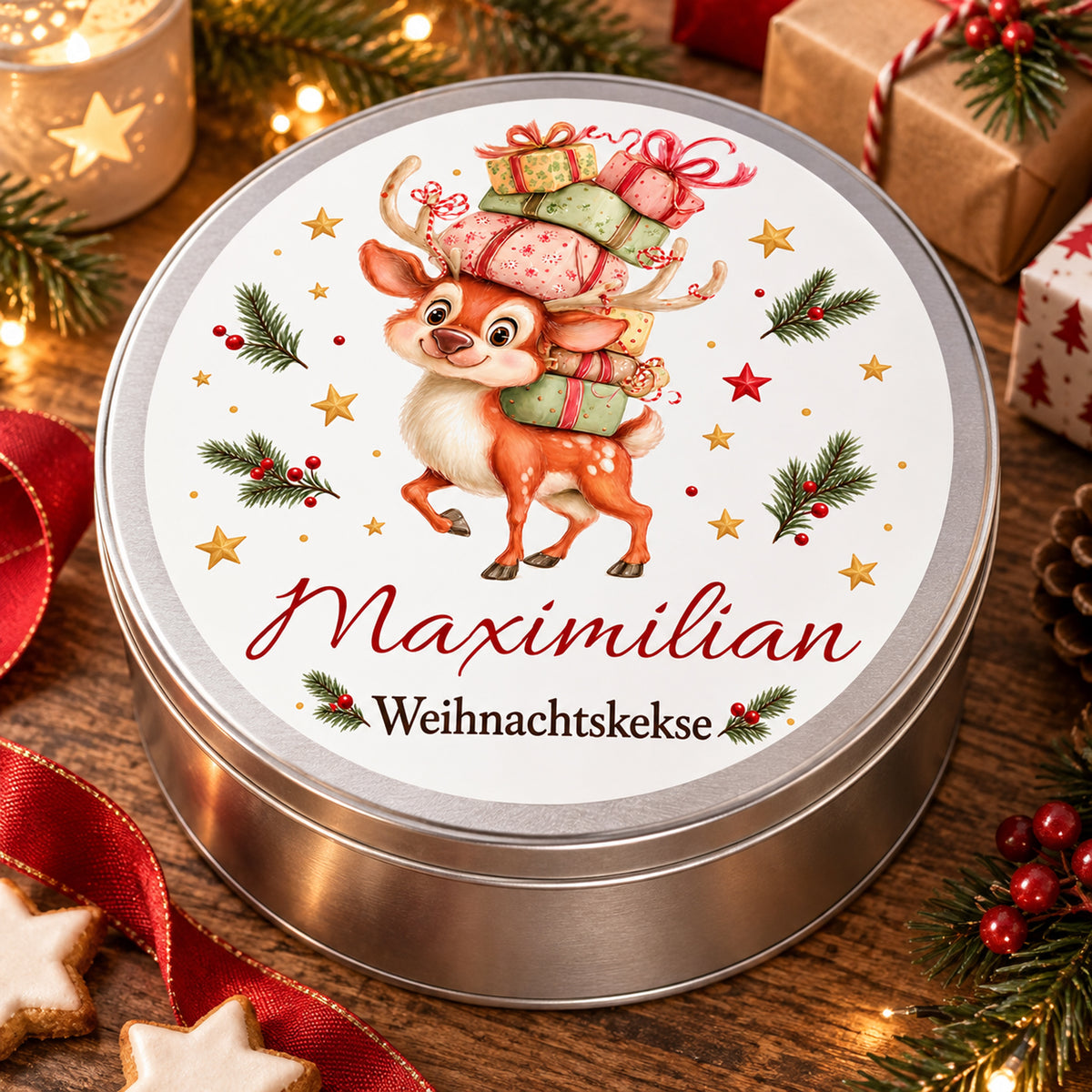 Keksdose mit Rentier mit Geschenkestapel und Wunschname in einer Wohnszene mit Weihnachtsdekoration.