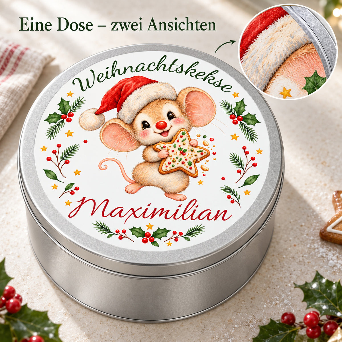 Keksdose Weihnachtsmaus Keksstern mit Wunschname und vergrößertem Deckeldruck
