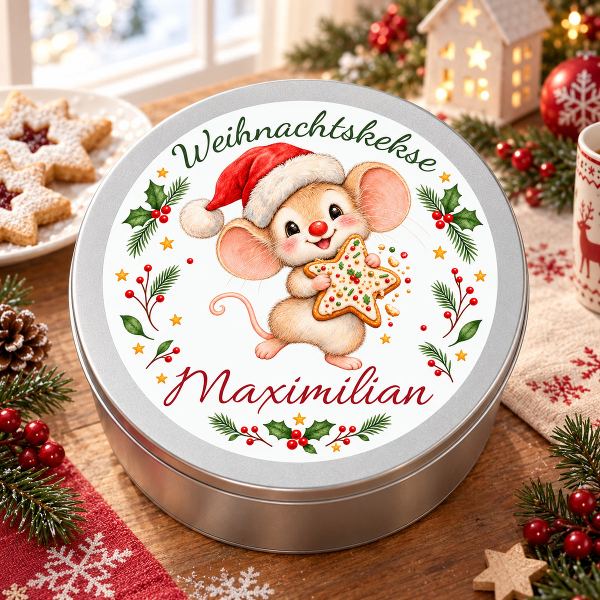 Keksdose Weihnachtsmaus Keksstern mit Wunschname in einer weihnachtlichen Wohnszene