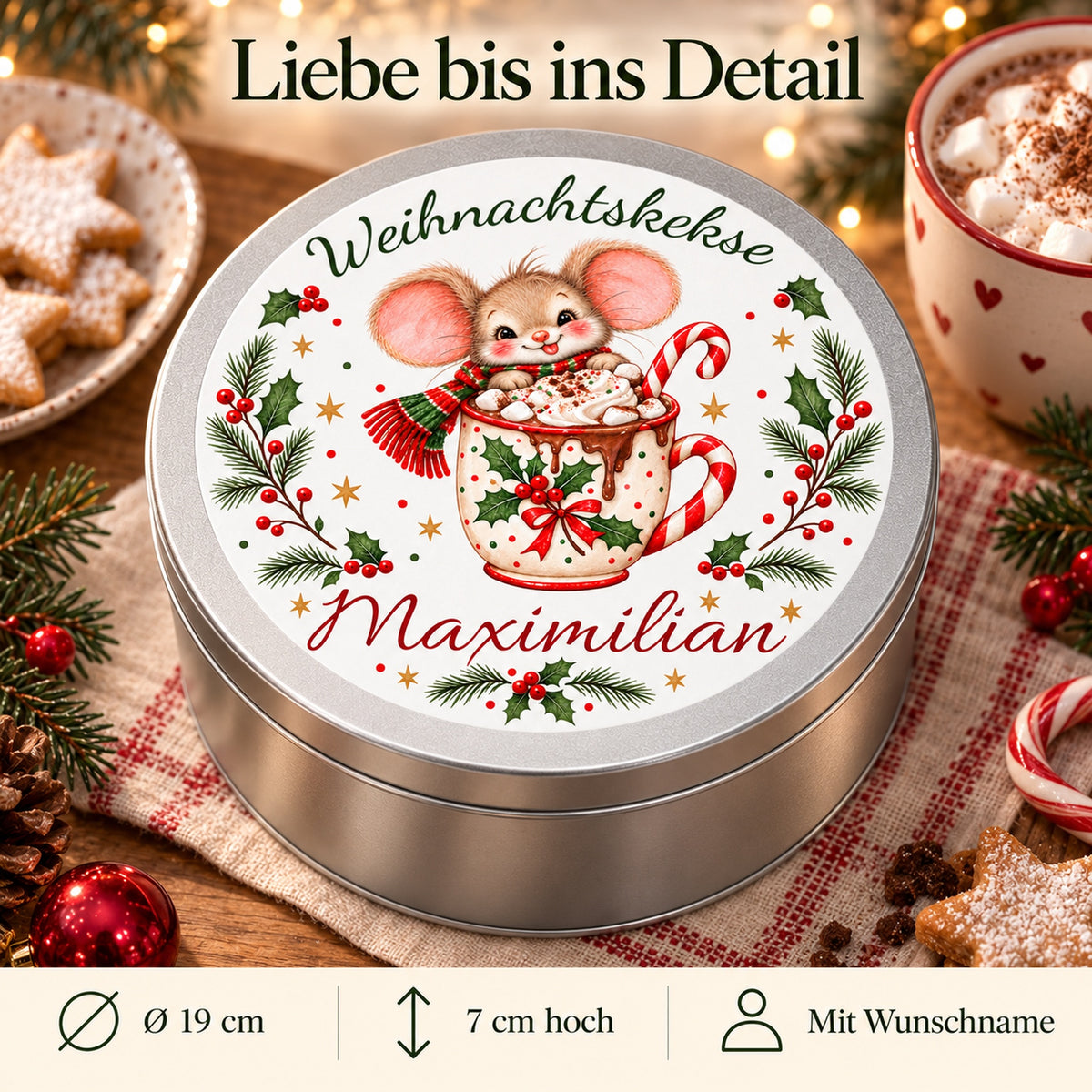 Keksdose Weihnachtsmaus Kakaotasse mit Maßangaben und Wunschname