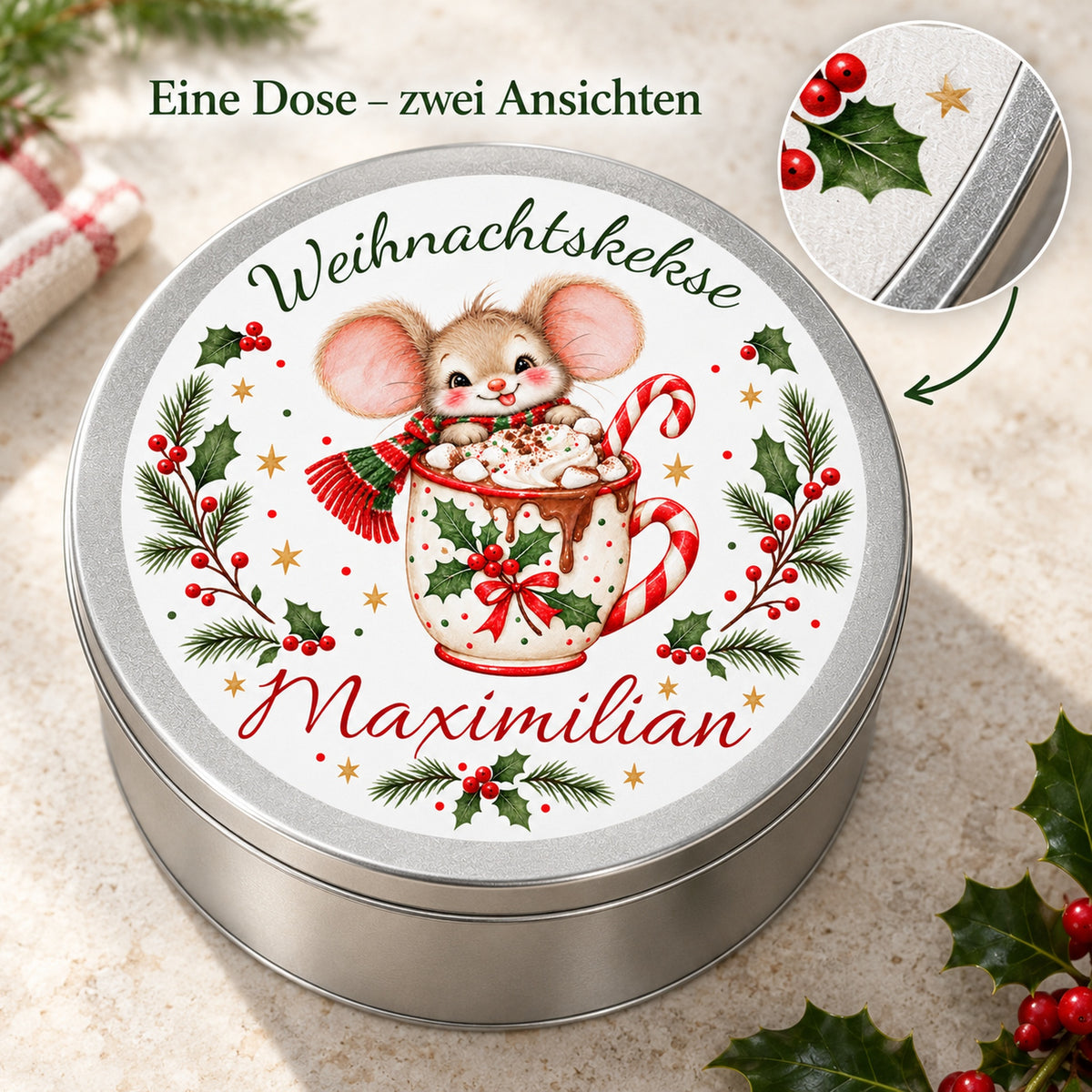 Keksdose Weihnachtsmaus Kakaotasse mit Wunschname und vergrößertem Deckeldruck