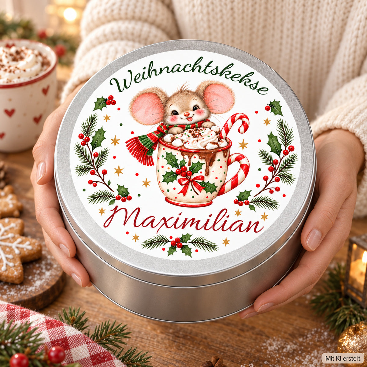 Keksdose Weihnachtsmaus Kakaotasse mit Wunschname in den Händen einer Person