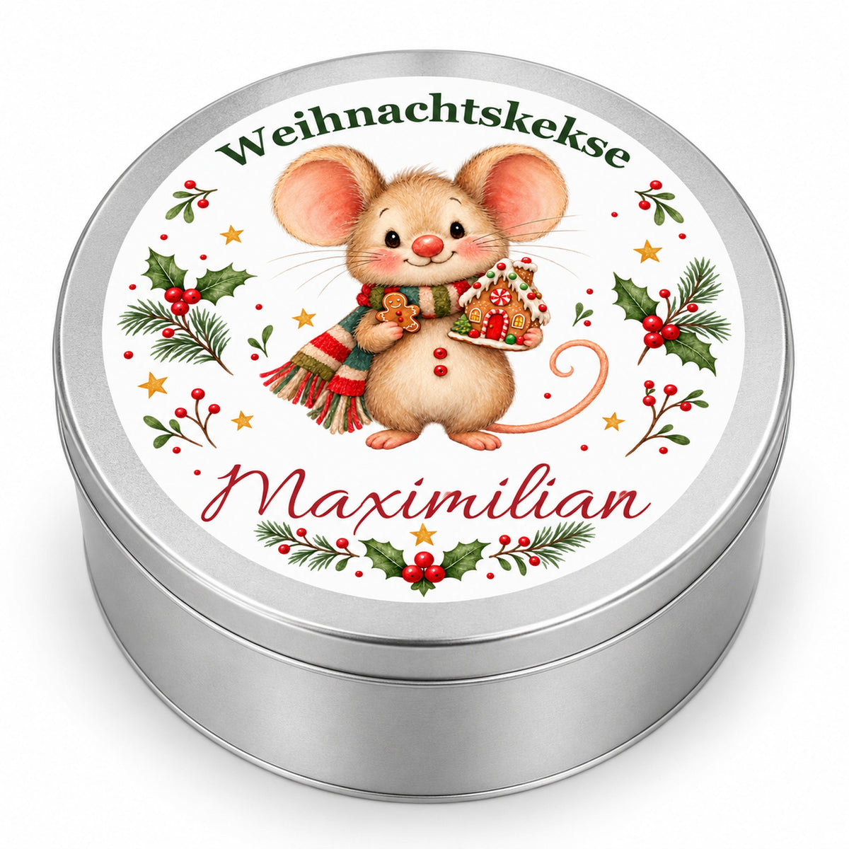 Keksdose Weihnachtsmaus Lebkuchenhaus mit Wunschname auf weißem Hintergrund