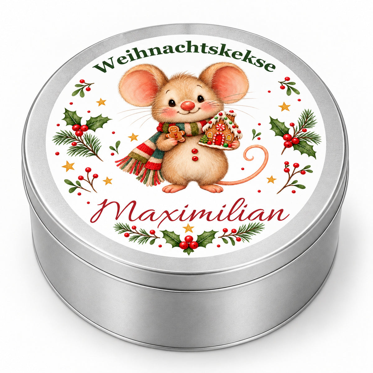 Keksdose Weihnachtsmaus Lebkuchenhaus mit Wunschname in seitlicher Dreiviertelansicht