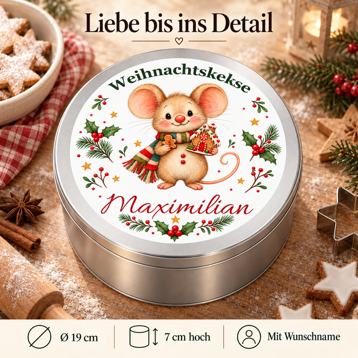 Keksdose Weihnachtsmaus Lebkuchenhaus mit Maßangaben und Wunschname