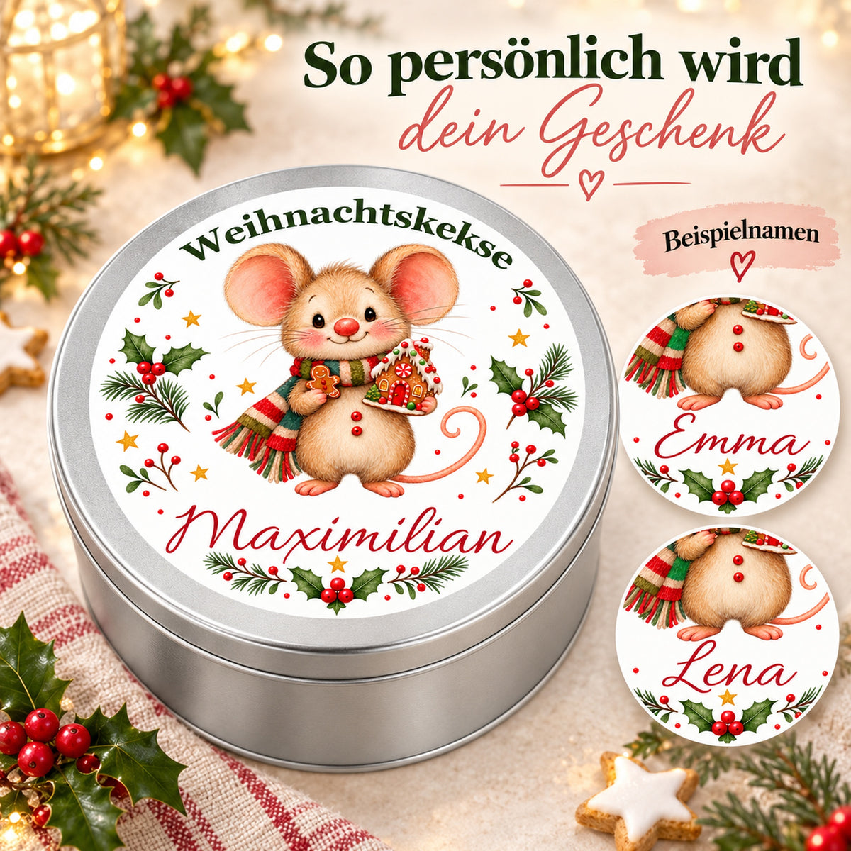 Keksdose Weihnachtsmaus Lebkuchenhaus mit verschiedenen Namensgestaltungen