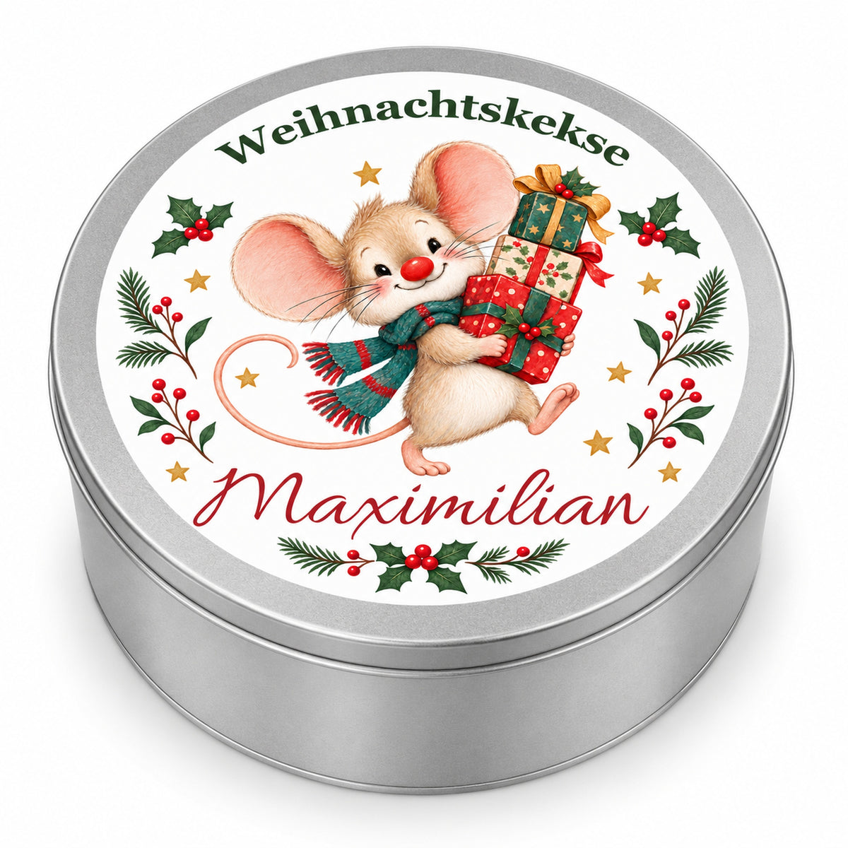 Keksdose Weihnachtsmaus Geschenke mit Wunschname auf weißem Hintergrund