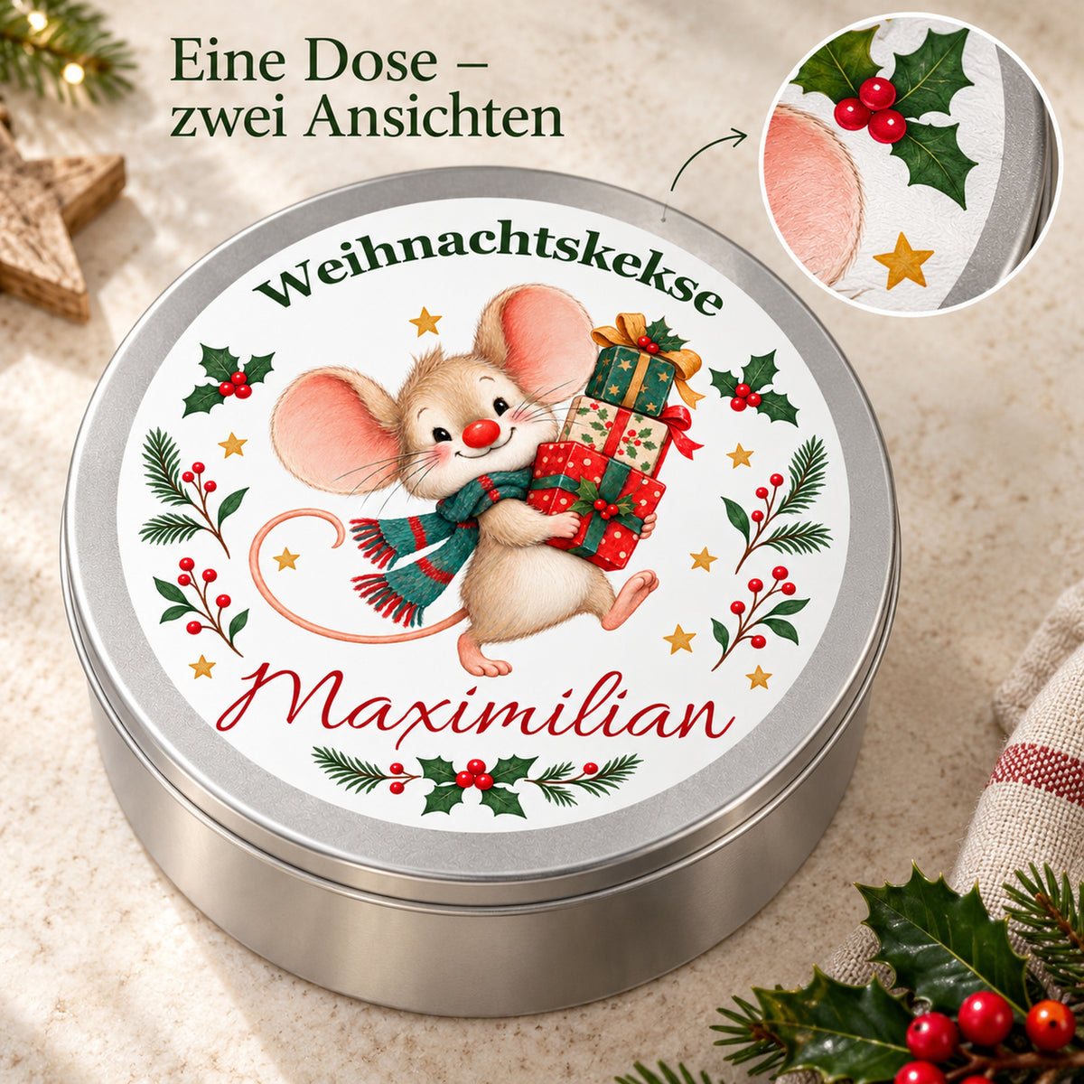 Keksdose Weihnachtsmaus Geschenke mit Wunschname und vergrößertem Deckeldruck