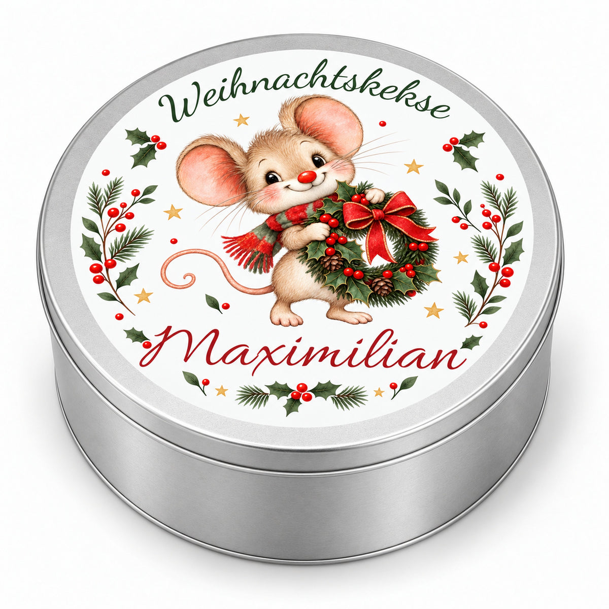 Keksdose Weihnachtsmaus Weihnachtskranz mit Wunschname in seitlicher Dreiviertelansicht