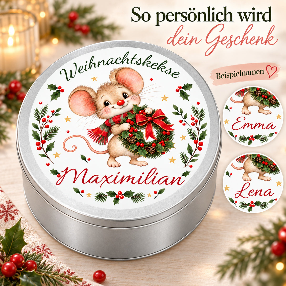 Keksdose Weihnachtsmaus Weihnachtskranz mit verschiedenen Namensgestaltungen