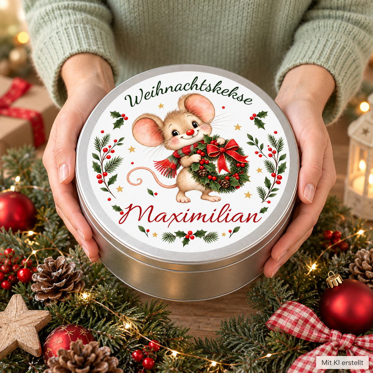Keksdose Weihnachtsmaus Weihnachtskranz mit Wunschname in den Händen einer Person