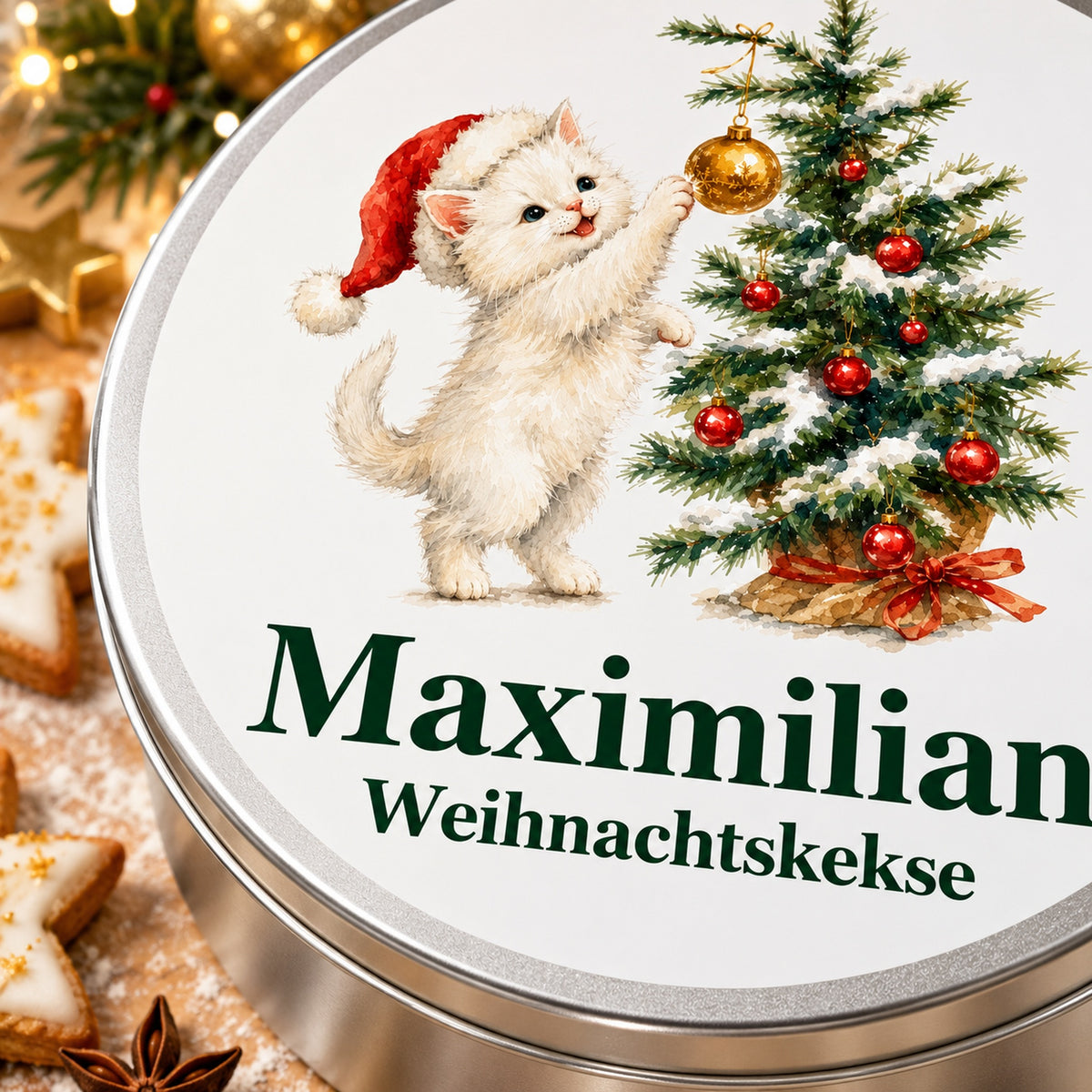 Detail des Weihnachtsmotivs auf einer runden Keksdose mit Katze, die nach einer goldenen Kugel am Weihnachtsbaum greift und Wunschname.