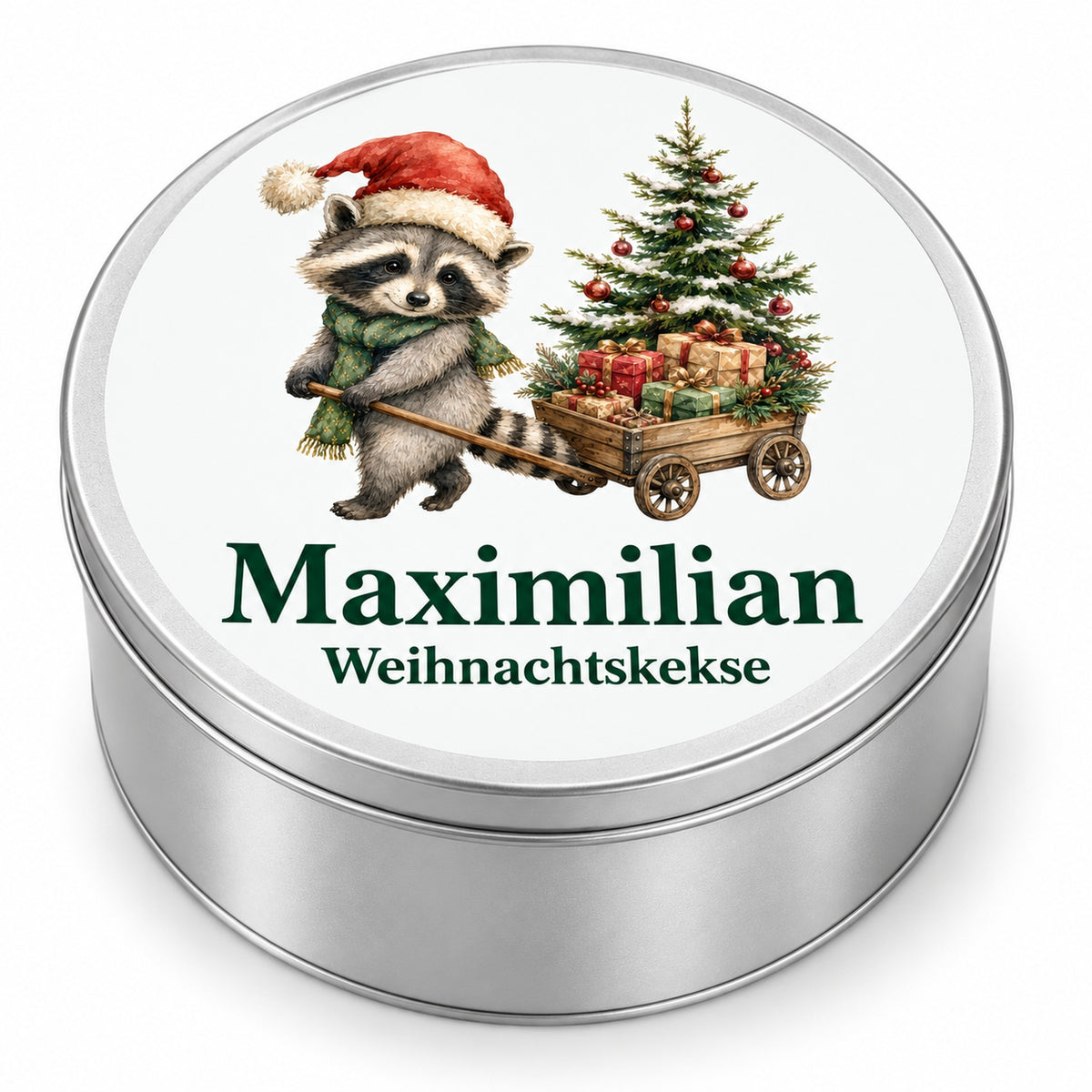 Runde Keksdose mit Waschbär mit Geschenkewagen und Wunschname.