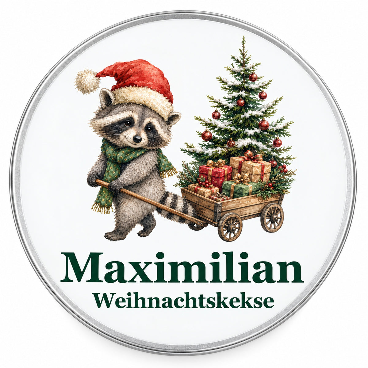 Draufsicht auf eine runde Keksdose mit Waschbär mit Geschenkewagen und Wunschname.