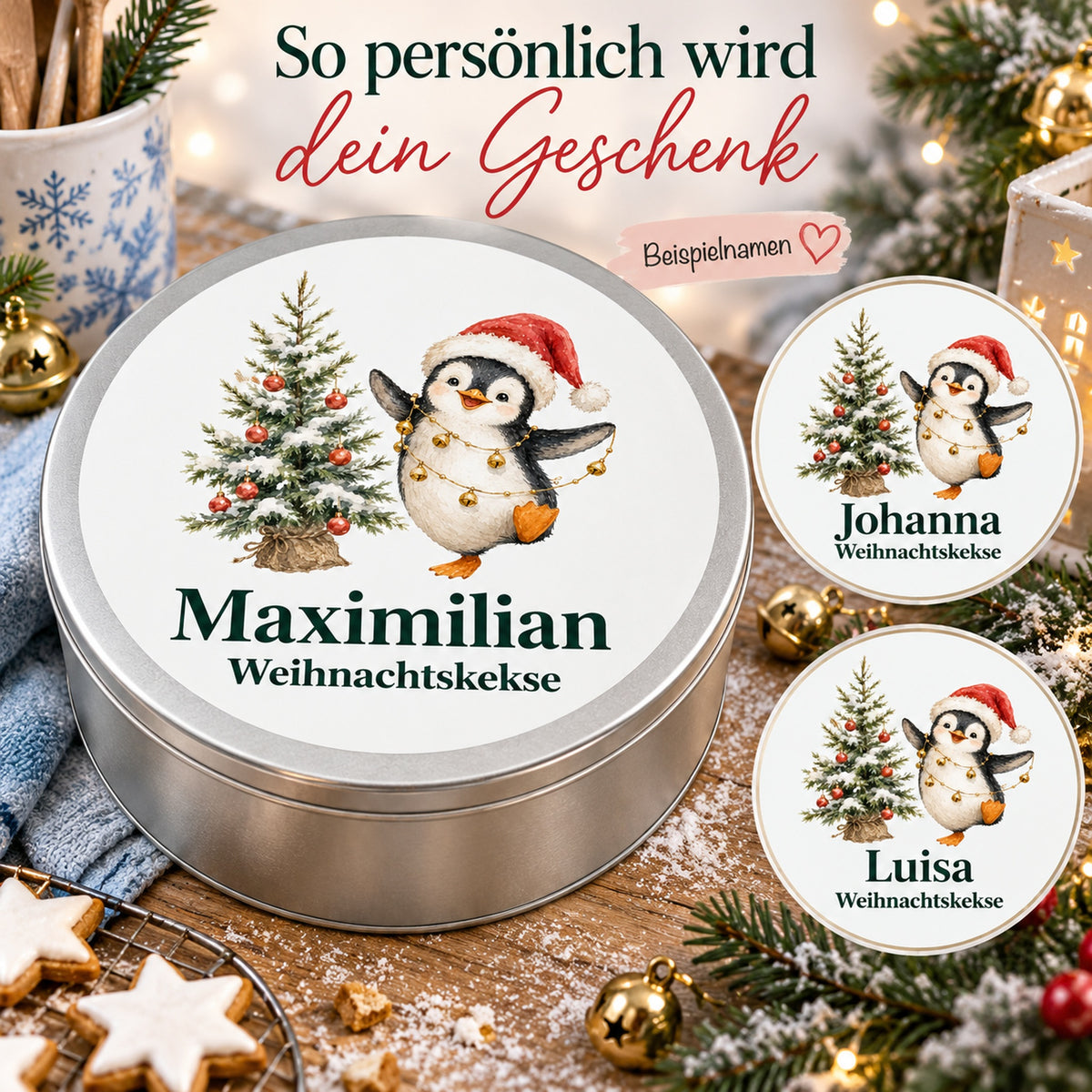 Namenspersonalisierung einer runden Keksdose mit Pinguin mit Glöckchenkette und Wunschname. Detailkreise zeigen unterschiedliche Wunschnamen.