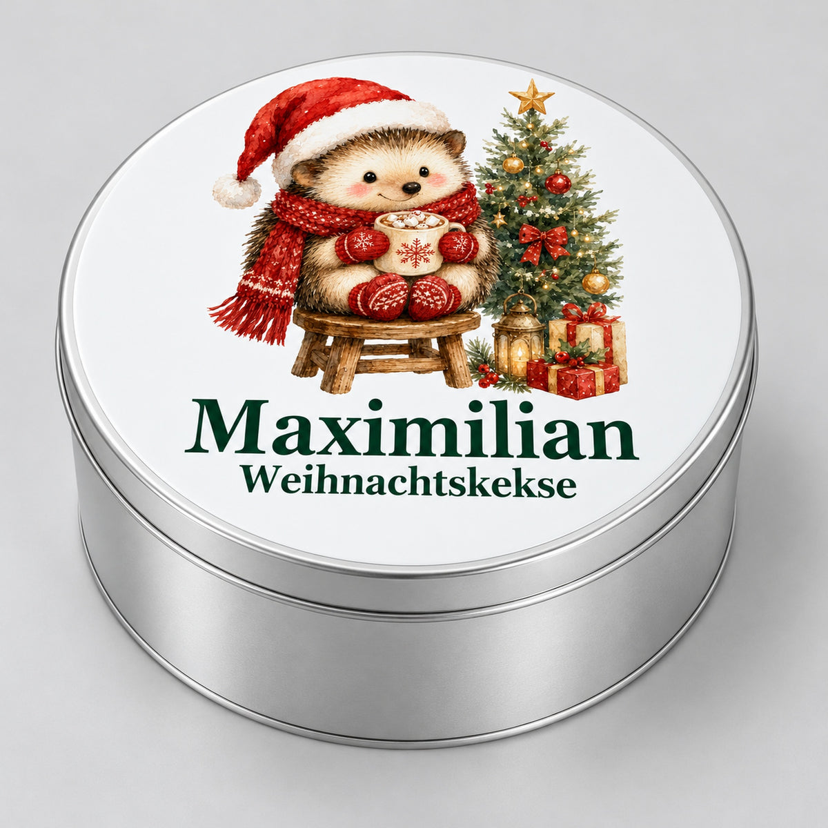 Seitenansicht einer runden Keksdose mit Igel mit Kakao und Wunschname.