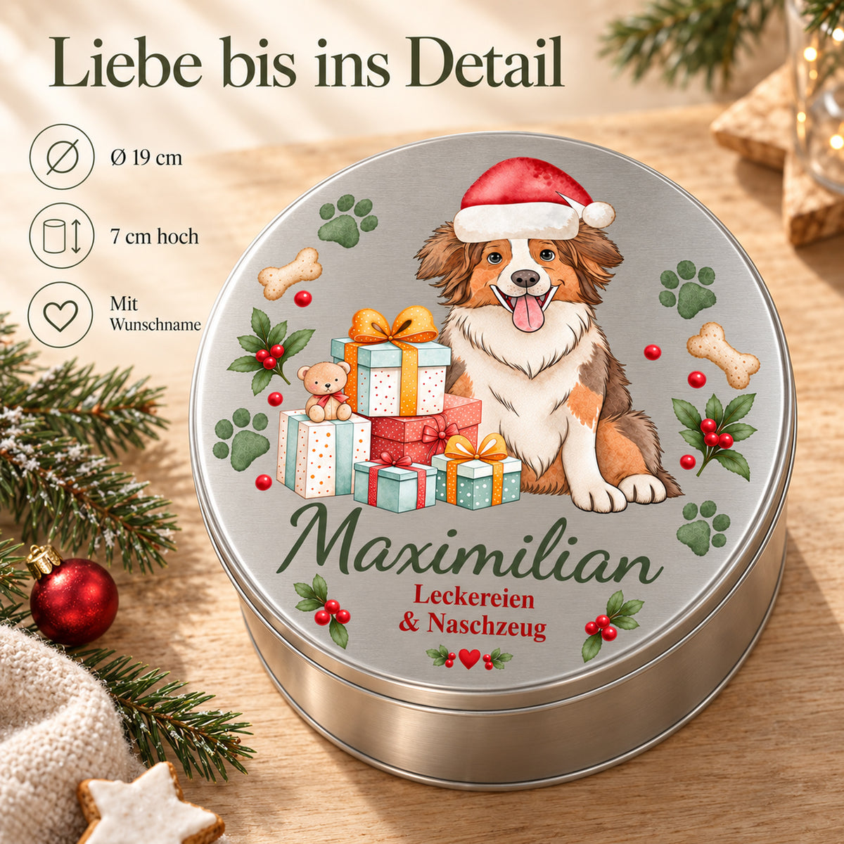 Weihnachtliche Australian Shepherd-Leckerlidose mit Angaben zu Durchmesser, Höhe und Personalisierung