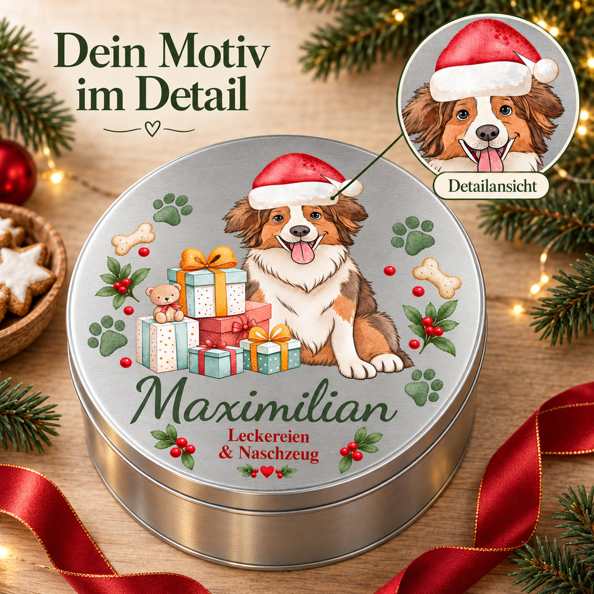 Bedruckte Australian Shepherd-Leckerlidose mit vergrößertem Ausschnitt des weihnachtlichen Hundemotivs