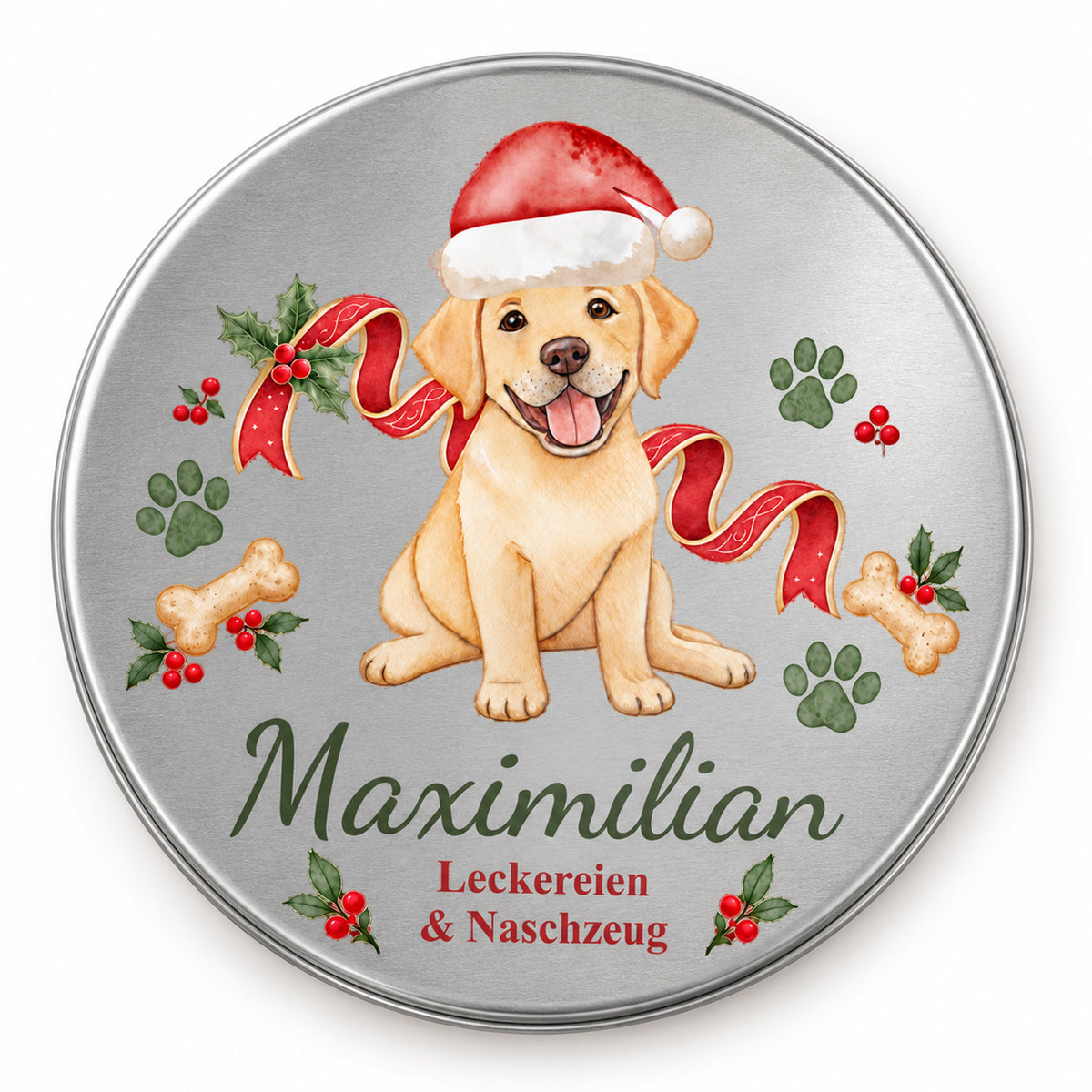 Draufsicht auf den silbernen Dosendeckel mit Labrador-Weihnachtsmotiv, Wunschname und Spruch