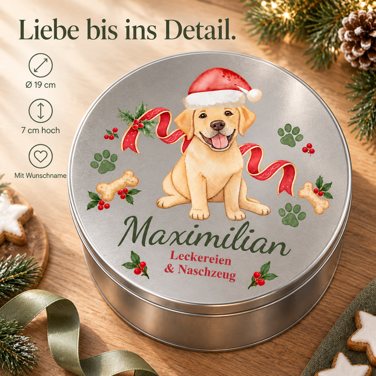 Weihnachtliche Labrador-Leckerlidose mit Angaben zu Durchmesser, Höhe und Personalisierung