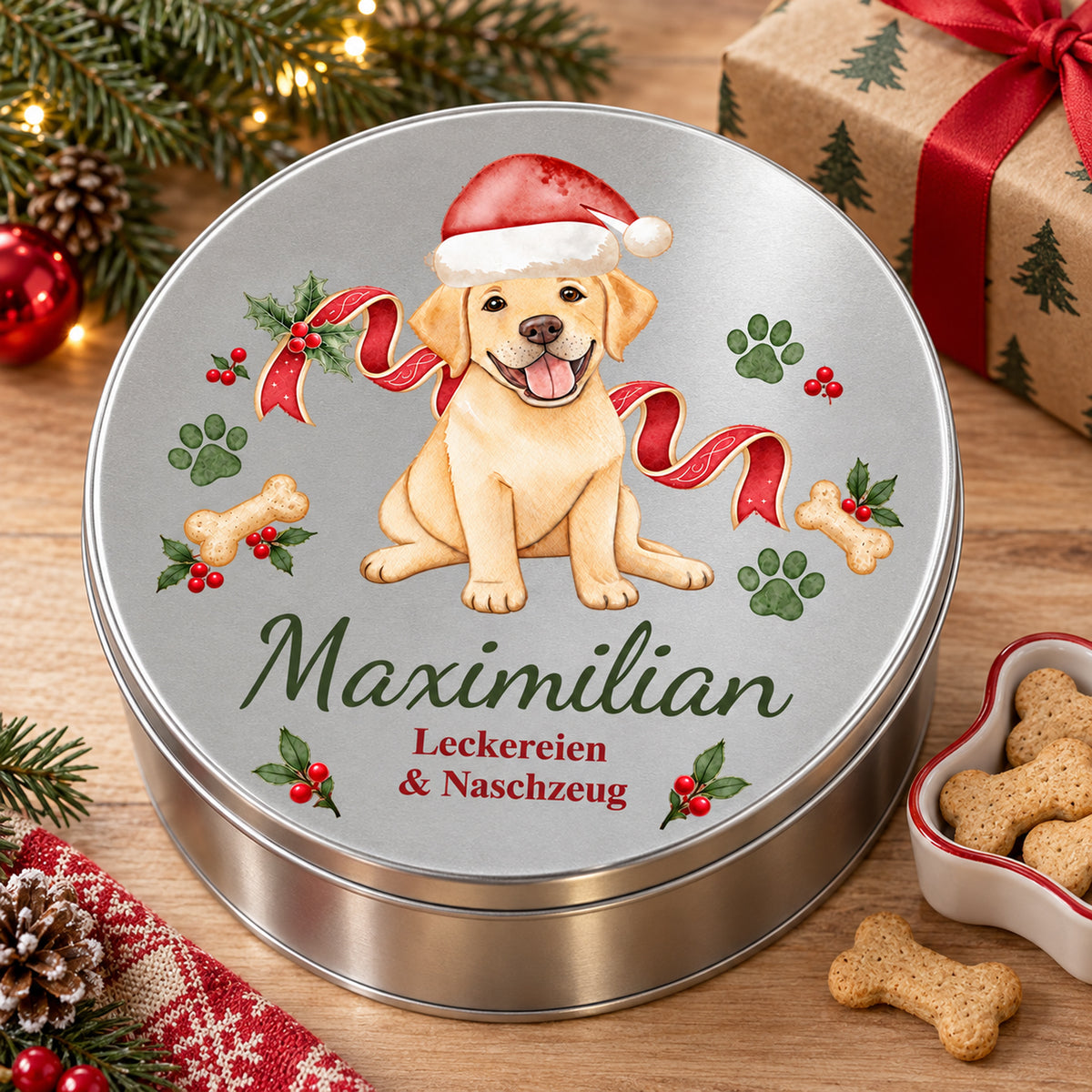 Geschlossene Labrador-Leckerlidose als Weihnachtsgeschenk neben Hundeleckerlis und weihnachtlicher Dekoration