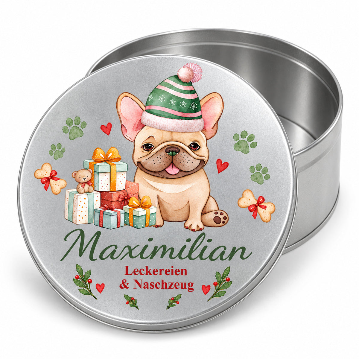 Personalisierte silberne Leckerlidose mit weihnachtlichem Französische Bulldogge-Motiv, offener Dose und bedrucktem Deckel