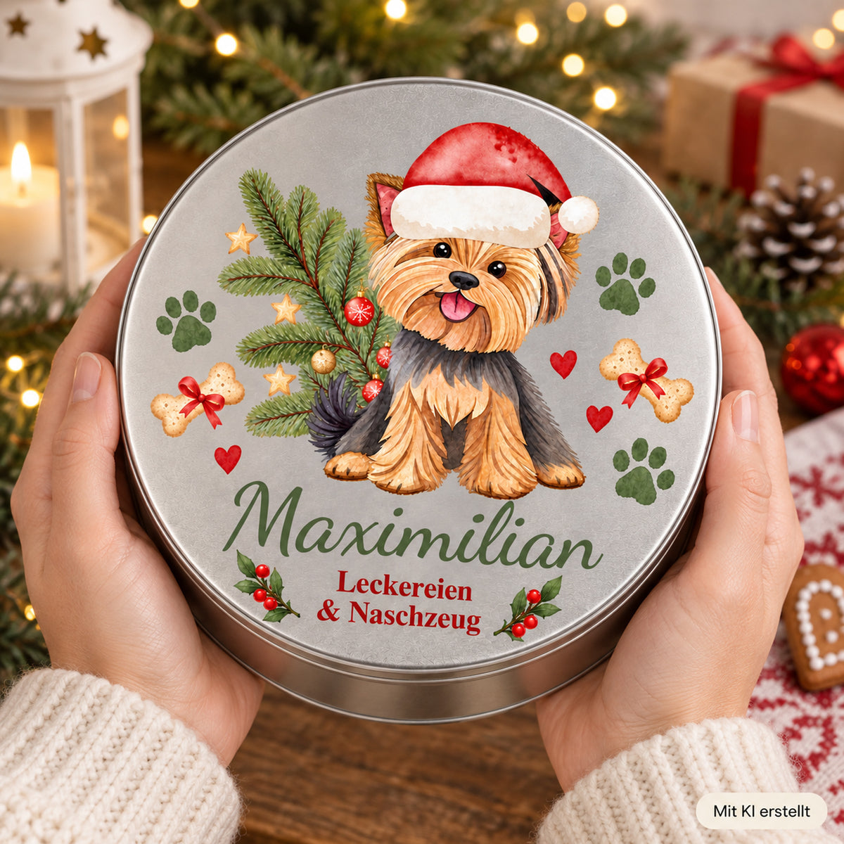 Hände halten eine silberne personalisierte Leckerlidose mit Yorkshire Terrier-Motiv zur Größenorientierung
