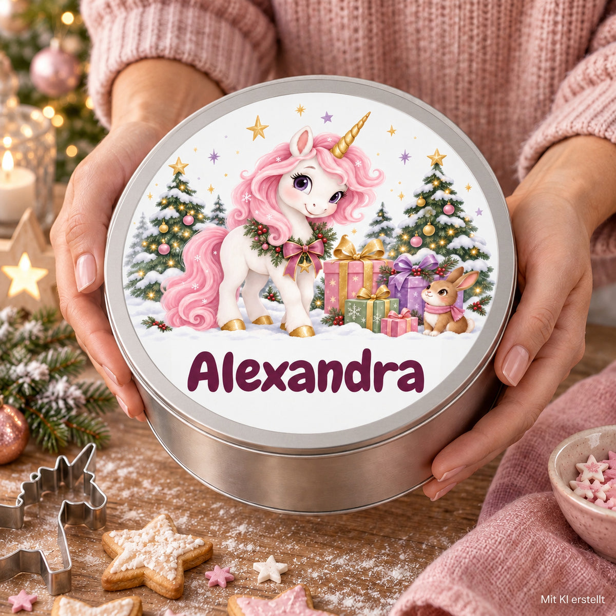 Runde personalisierte Keksdose mit Einhorn-Motiv und Wunschname, in Händen gehalten, mit Kennzeichnung Mit KI erstellt.