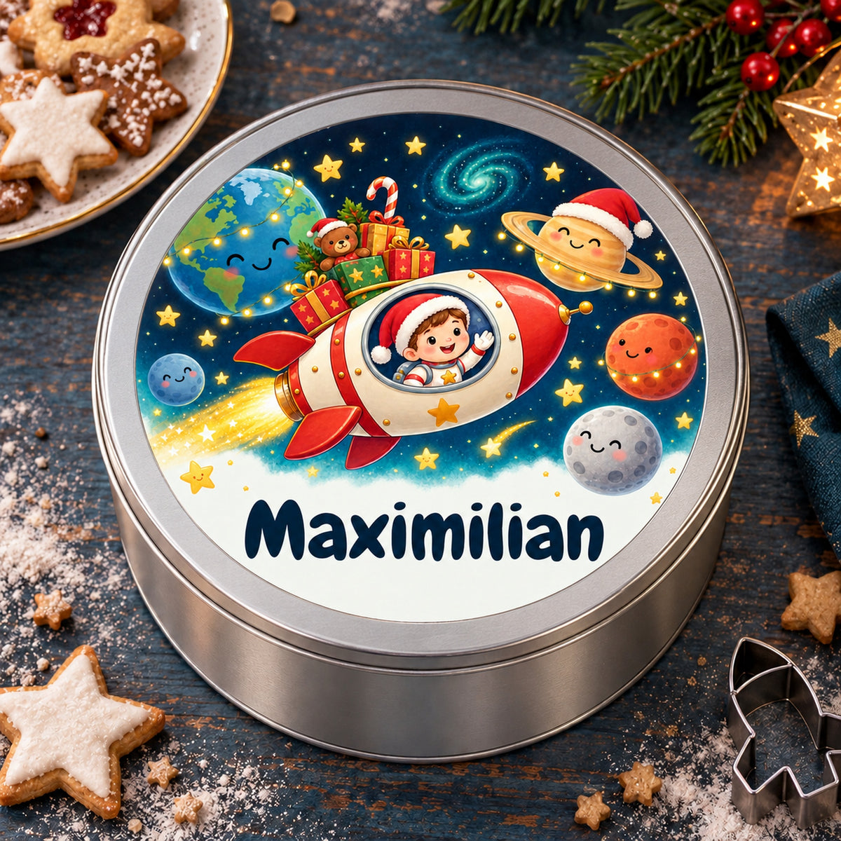 Runde personalisierte Keksdose mit Weltall-Motiv und Wunschname, als Weihnachtsgeschenk zwischen Keksen und Dekoration.