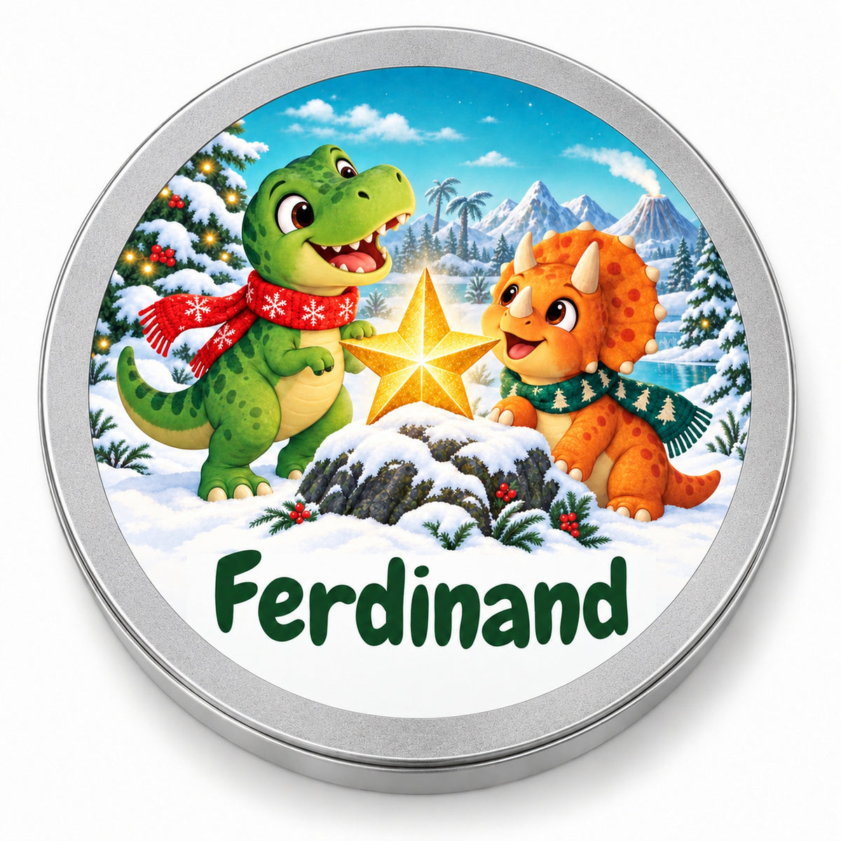 Runde personalisierte Keksdose mit Dino-Motiv und Wunschname, in Draufsicht vor hellem Hintergrund.