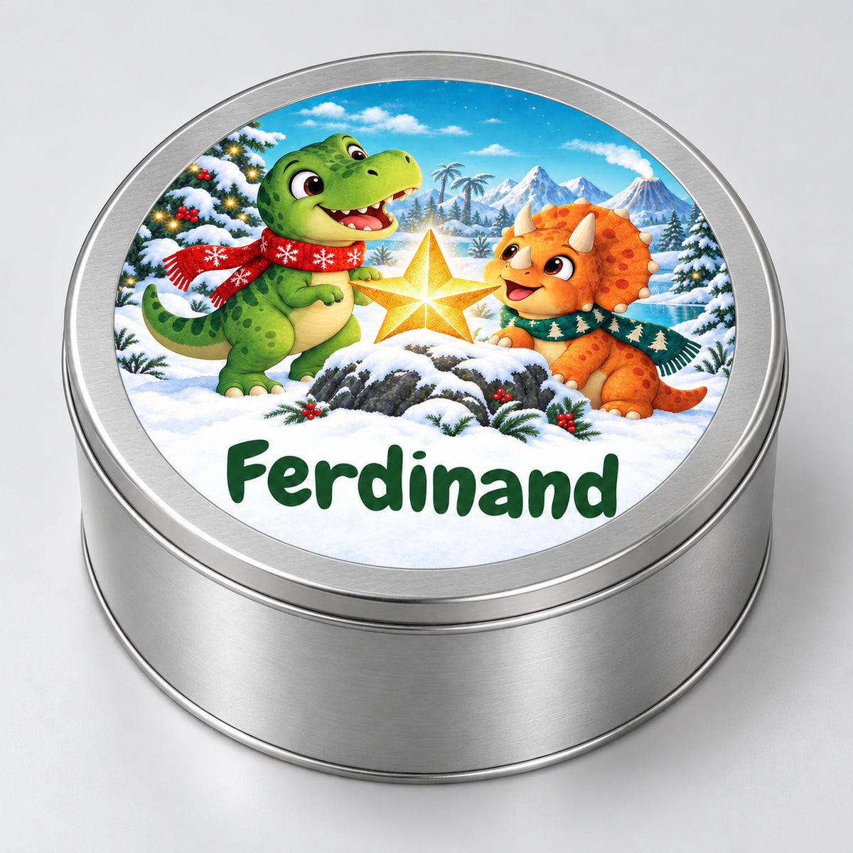 Runde personalisierte Keksdose mit Dino-Motiv und Wunschname, schräg von vorne vor grauem Hintergrund.