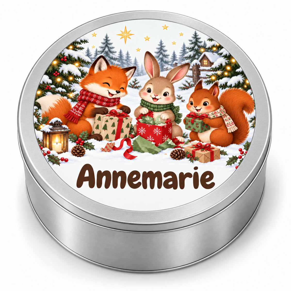Runde personalisierte Keksdose mit Waldtiere-Motiv und Wunschname, vor hellem Hintergrund.