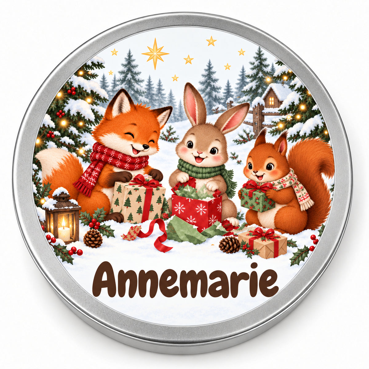 Runde personalisierte Keksdose mit Waldtiere-Motiv und Wunschname, in Draufsicht vor hellem Hintergrund.