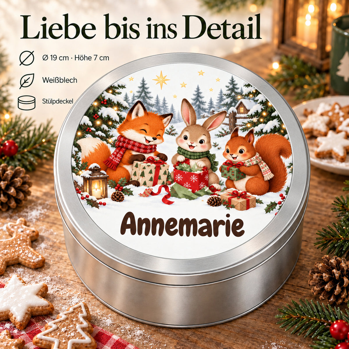 Runde personalisierte Keksdose mit Waldtiere-Motiv und Wunschname, mit Angaben zu 19 cm Durchmesser, 7 cm Höhe, Weißblech und Stülpdeckel.
